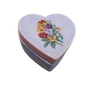 Vintage Floral Heart Trinket Jewelry Box Pastel Purple Ceramic Keepsake Cottage
